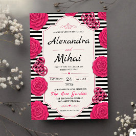 Pink Rose Black and White Stripe Floral Acryl Uitnodigingen
