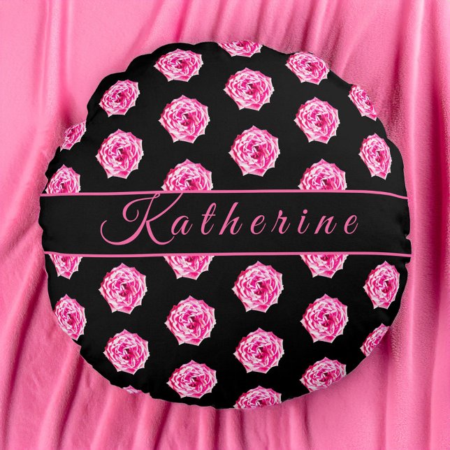 Pink Rose Black Personalized Rond Kussen (Creator heeft geüpload)