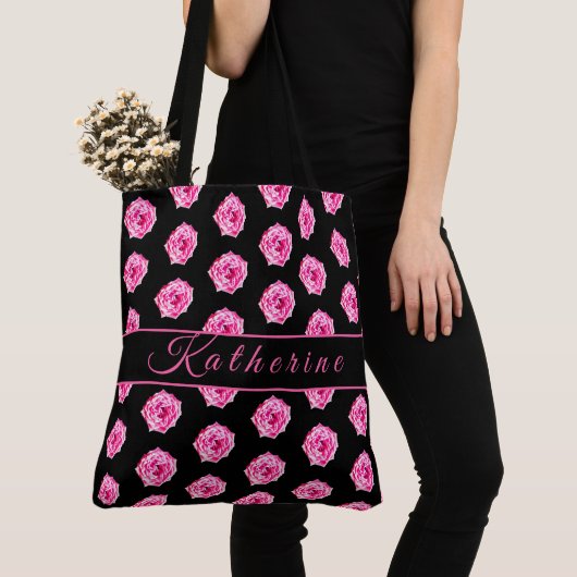 Pink Rose Black Personalized Tote Bag (Dichtbij)