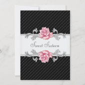 Pink Rose Black Polka Dot Sweet Sixteen Birthday Kaart (Voorkant)