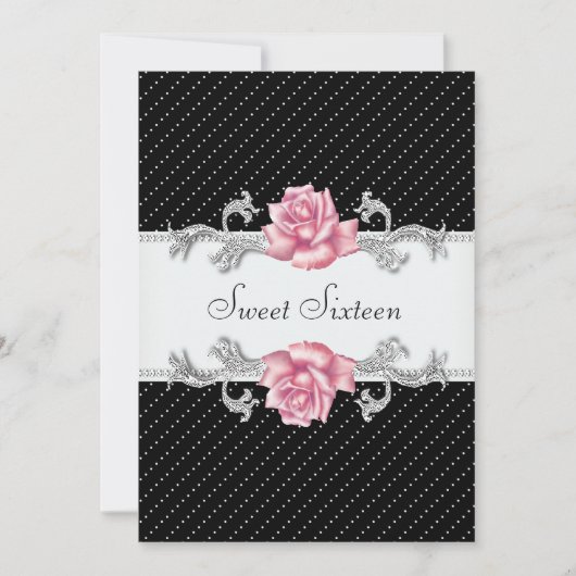 Pink Rose Black Polka Dot Sweet Sixteen Birthday Kaart (Voorkant)
