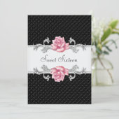 Pink Rose Black Polka Dot Sweet Sixteen Birthday Kaart (Staand voorkant)
