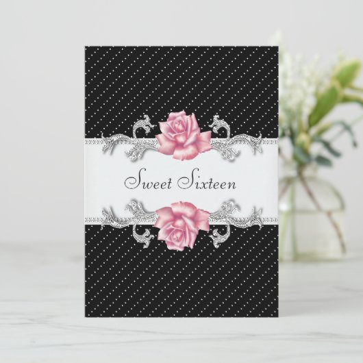 Pink Rose Black Polka Dot Sweet Sixteen Birthday Kaart (Staand voorkant)