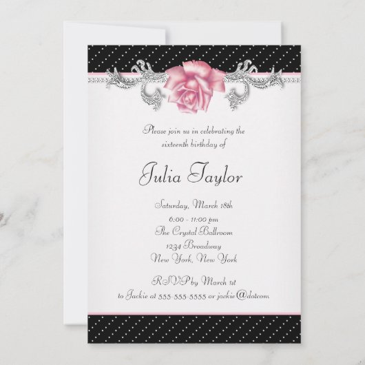 Pink Rose Black Polka Dot Sweet Sixteen Birthday Kaart (Achterkant)