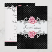 Pink Rose Black Polka Dot Sweet Sixteen Birthday Kaart (Voorkant / Achterkant)