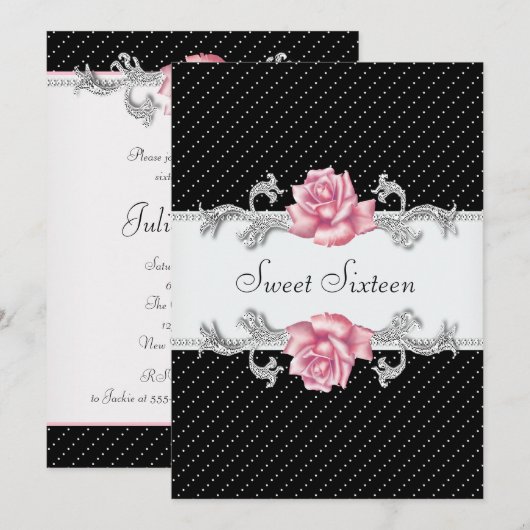 Pink Rose Black Polka Dot Sweet Sixteen Birthday Kaart (Voorkant / Achterkant)