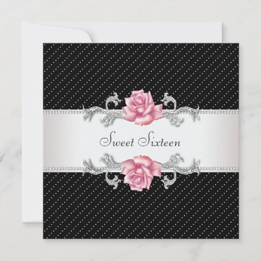 Pink Rose Black Sweet16 Verjaardagsfeest Kaart (Voorkant)