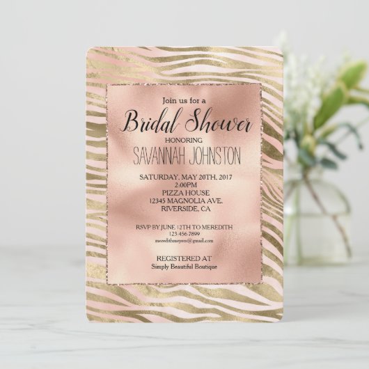 Pink Rose Blush Gold Zebra Animal Vrijgezellenfees Kaart (Staand voorkant)