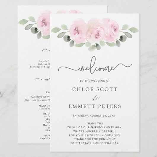 Pink Rose Botanical Wedding Ceremony Programme (Voorkant / Achterkant)