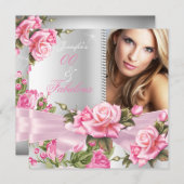 Pink Rose Bow Foto Fabulous Silver Birthday Kaart (Voorkant / Achterkant)