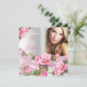 Pink Rose Bow Foto Fabulous Silver Birthday Kaart (Staand voorkant)