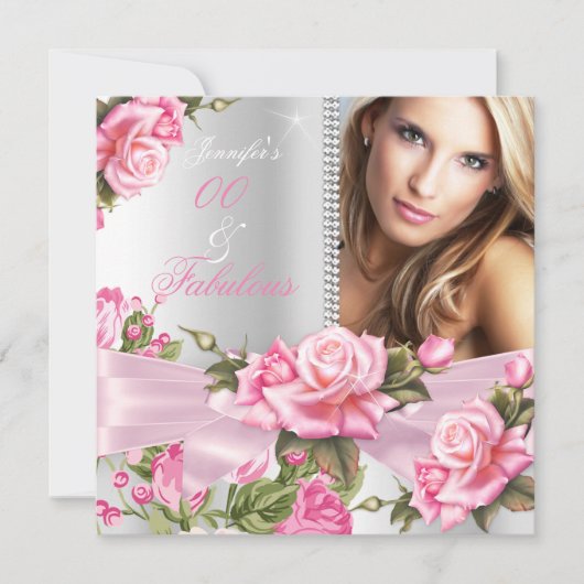 Pink Rose Bow Foto Fabulous Silver Birthday Kaart (Voorkant)