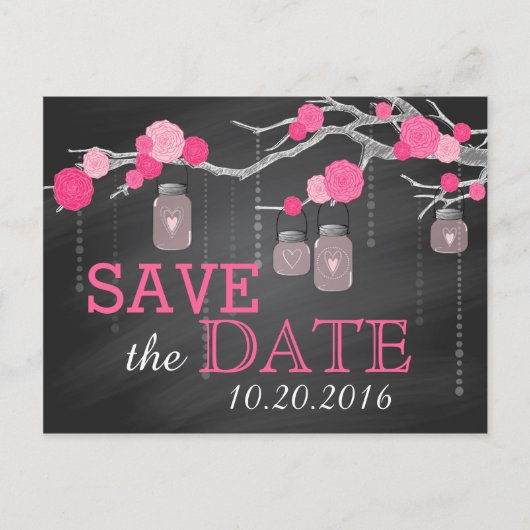 Pink Rose Branch Chalkboard Save the Date Aankondigingskaart (Voorkant)