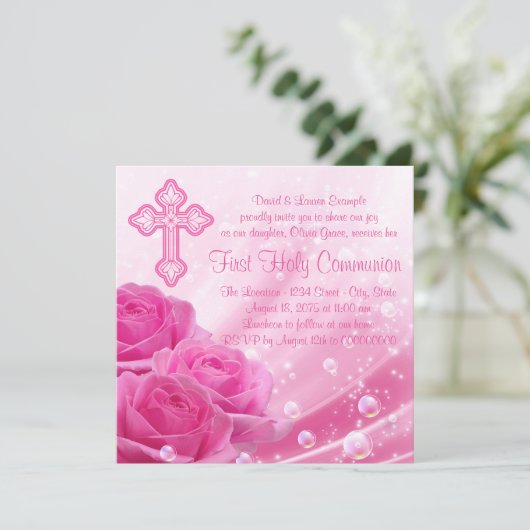 Pink Rose Bubbles Eerste Communie Kaart (Staand voorkant)