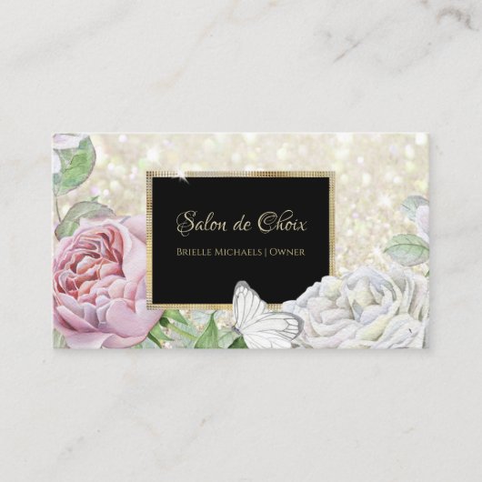 Pink Rose Butterfly Glitter Zwart en Goud Script Visitekaartje (Voorkant)