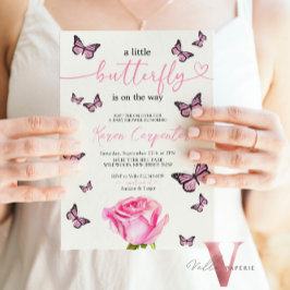 Pink Rose Butterfly Waterverf Baby shower Kaart