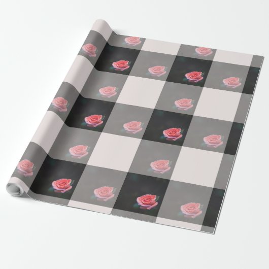 Pink rose checkered pattern cadeaupapier (Uitgerold)