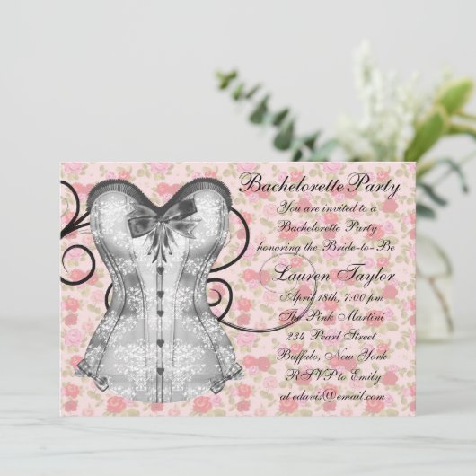 Pink Rose Corset Pink Black Bachelorette Party Kaart (Staand voorkant)