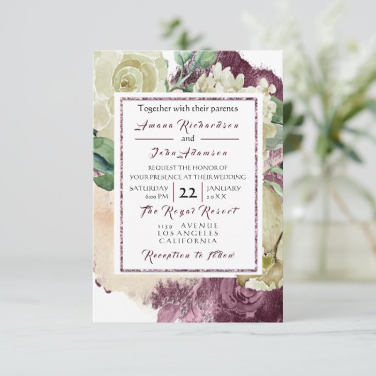 Pink Rose Creamy Marsala Floral Roses Wedding VIP Kaart (Staand voorkant)