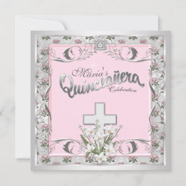 Pink Rose Cross Quinceanera Kaart