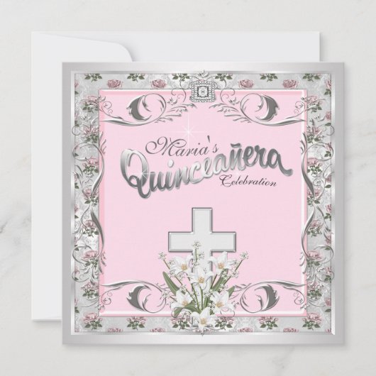 Pink Rose Cross Quinceanera Kaart (Voorkant)