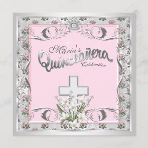 Pink Rose Cross Quinceanera Kaart