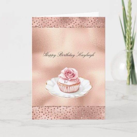 Pink Rose Cupcake Gold Glam Glitter Birthday   Kaart (Voorkant)