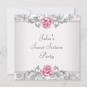 Pink Rose Damask  Pink Sweet Sixteen Party Kaart