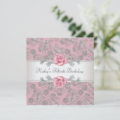 Pink Rose Damask Vrouwen Verjaardagsfeest Kaart (Staand voorkant)