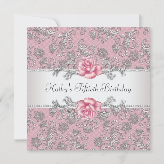 Pink Rose Damask Vrouwen Verjaardagsfeest Kaart (Voorkant)