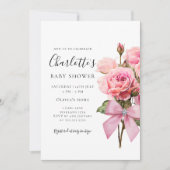 Pink Rose Diamond Bow Girl Baby Shower Invitation Kaart (Voorkant)