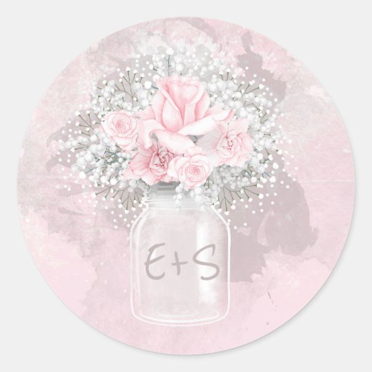 Pink Rose en Baby's Breath Bruiloft Mason Jar Ronde Sticker (Voorkant)
