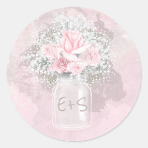 Pink Rose en Baby's Breath Bruiloft Mason Jar Ronde Sticker