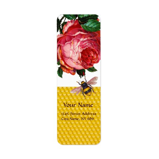 PINK ROSE EN HONEY BEE, BEEKEEPER ETIKET (Voorkant)