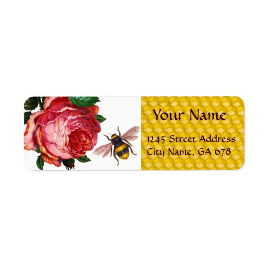 PINK ROSE EN HONEY BEE, BEEKEEPER ETIKET (Voorkant)