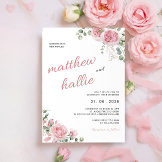Pink Rose Eucalyptus Watercolor Wedding Invitation Kaart