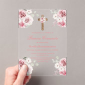 Pink rose first communion invitation in spanish  acryl uitnodigingen (Insitu (Draagbaar))