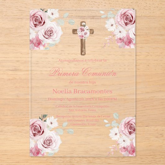 Pink rose first communion invitation in spanish  acryl uitnodigingen (Voorkant)