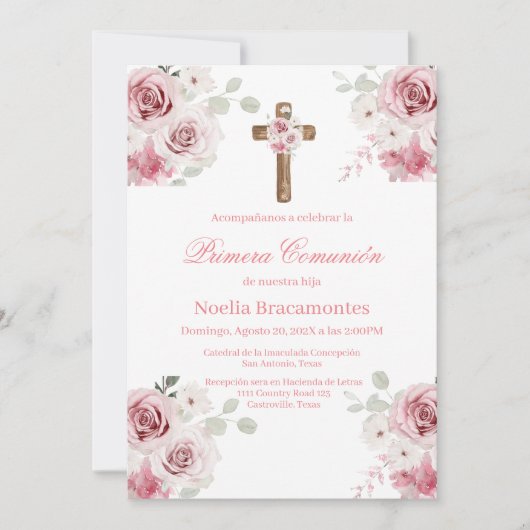 Pink rose first communion invitation in spanish  kaart (Voorkant)