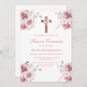 Pink rose first communion invitation in spanish  kaart (Voorkant / Achterkant)