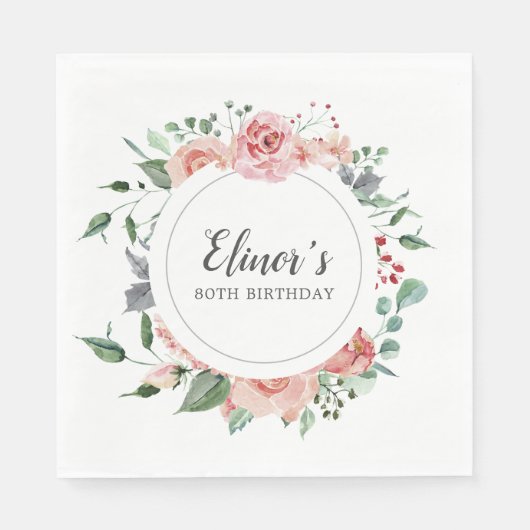 Pink Rose Floral 80e verjaardag dank u Servet (Voorkant)