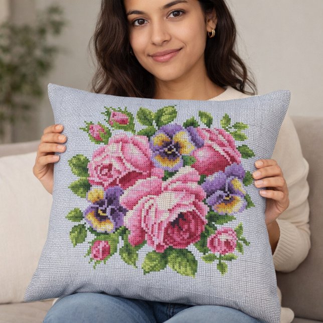 Pink Rose Floral Cross Stitch Throw Pillow Kussen (Creator heeft geüpload)
