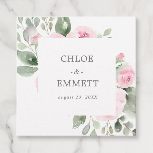 Pink Rose Floral Eucalyptus Weddenschap Labels (Voorkant)