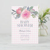 Pink Rose Floral Gingham Girl Baby shower Kaart (Staand voorkant)