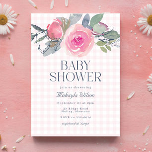 Pink Rose Floral Gingham Girl Baby shower Kaart
