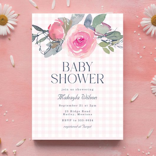 Pink Rose Floral Gingham Girl Baby shower Kaart