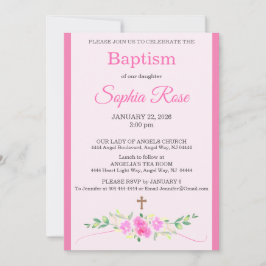 Pink Rose Floral Watercolor Cross Stripe Baptism Kaart