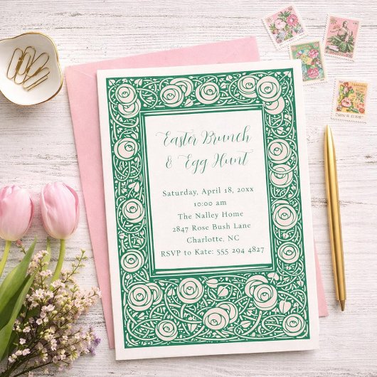 Pink Rose Flower Easter Brunch Invitation Kaart