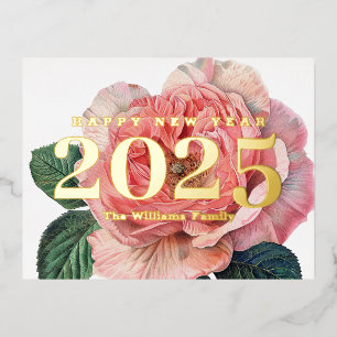 Pink Rose  Flower Happy New Year 2025 Gold Folie Feestdagen Briefkaart