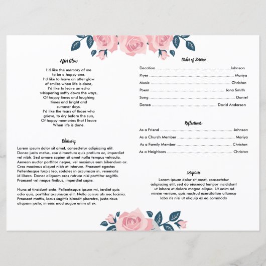 PINK ROSE FLOWER | Sjabloon van het begrafenisprog (Achterkant)